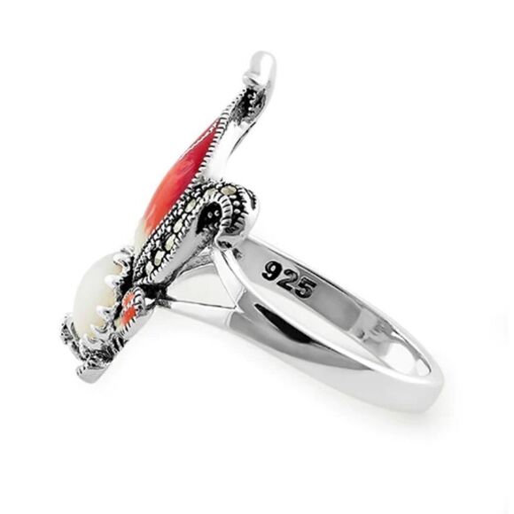 Sterling Silver Mother of Pearl Enamel Ghost Fish Marcasite Ring New - Picture 4 of 4